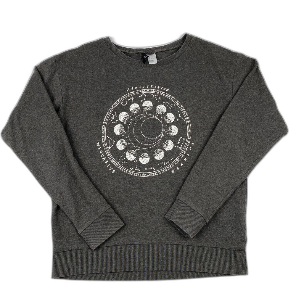 H&M Divided Womens Top Small Gray Astrology Zodiac Graphic Long Sleeve Pullover